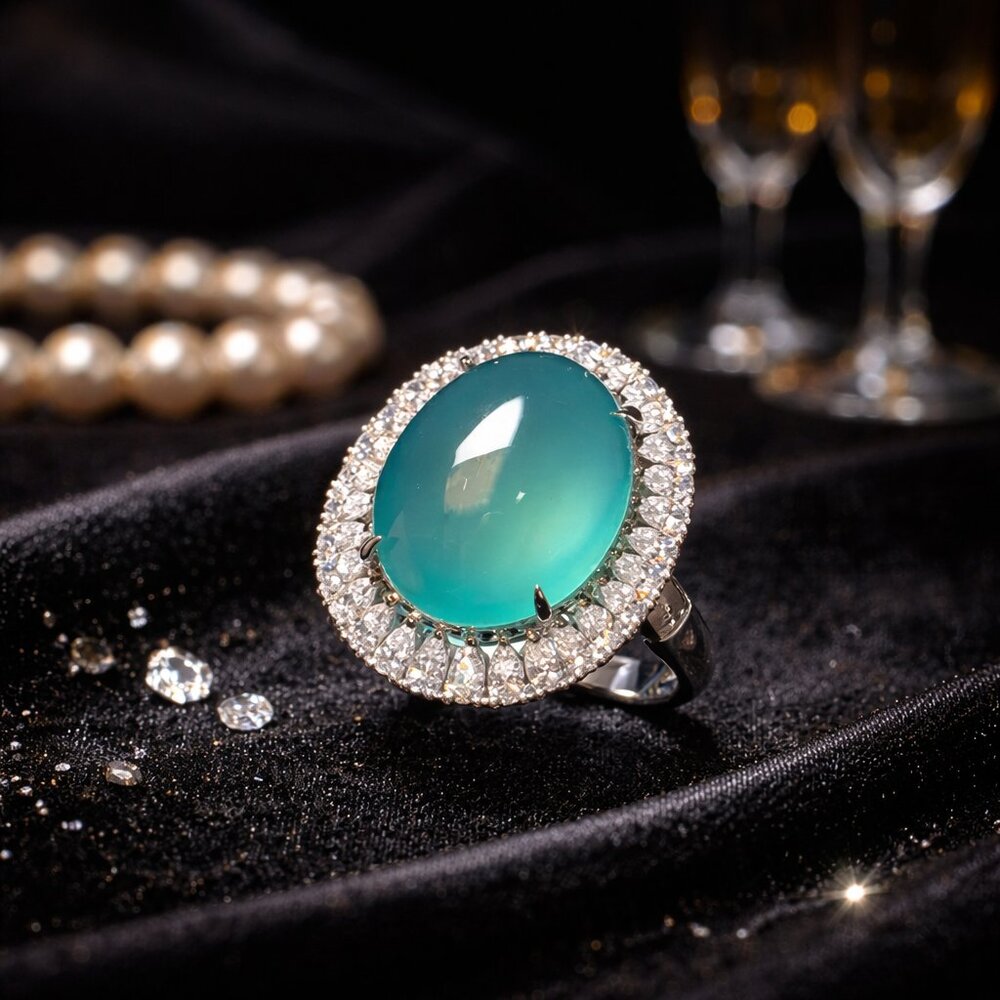 Teal Oval Halo Statement Ring Sparkly Cocktail